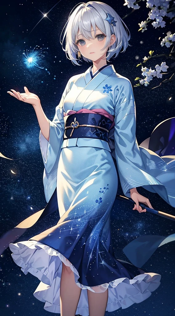 Short-haired woman with silver hair。I'm wearing a blue kimono。Fireflies are flying。I'm in the starry sky。The starry sky is colorful and shining。It is an anime-style illustration。Beautiful with the best image quality。Fantastical。