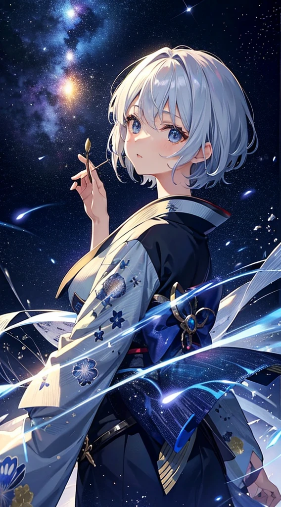 Short-haired woman with silver hair。I'm wearing a blue kimono。Fireflies are flying。I'm in the starry sky。The starry sky is colorful and shining。It is an anime-style illustration。Beautiful with the best image quality。Fantastical。
