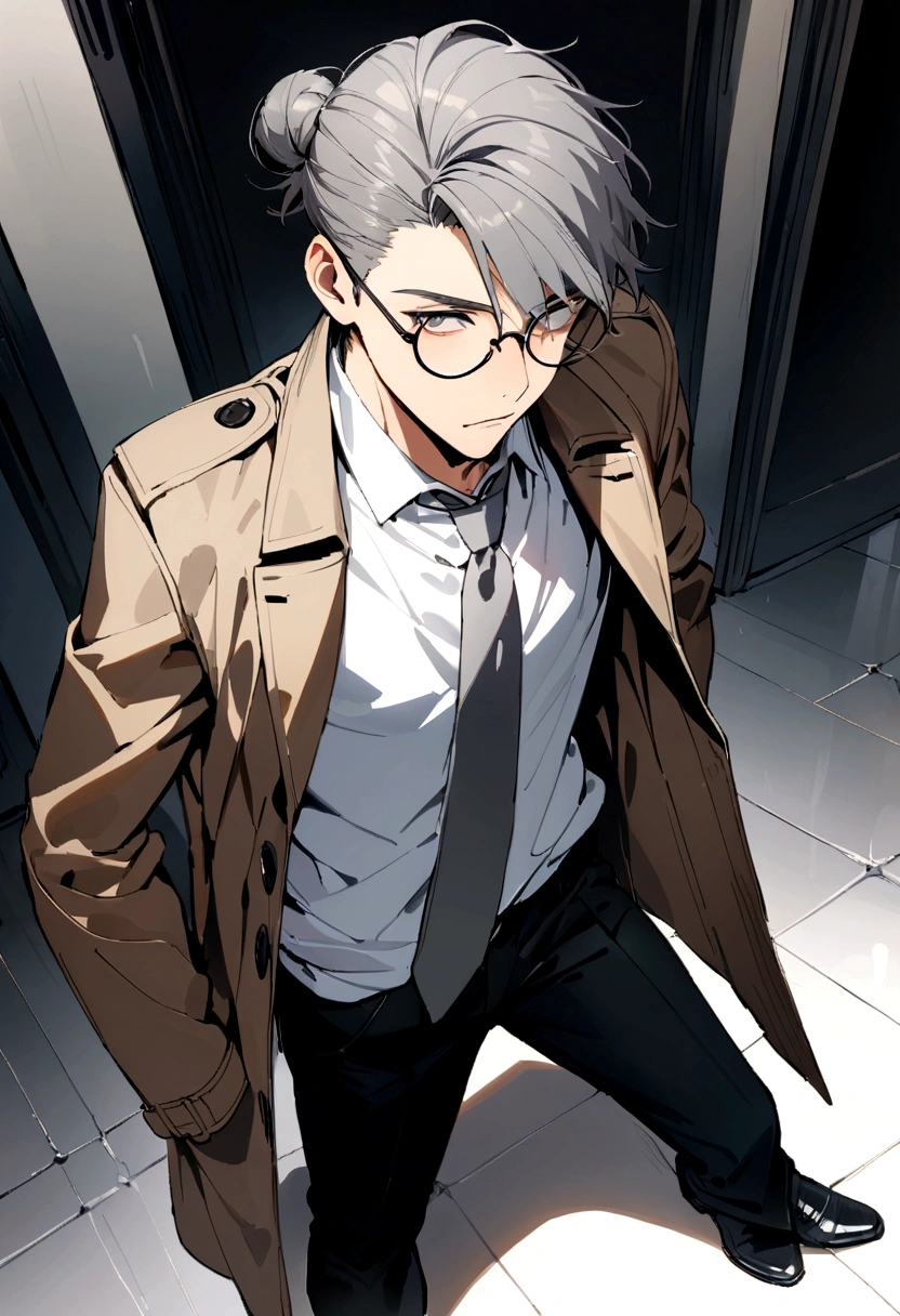 hd, ultra detailed, 8k quality, high quality, masterpiece, 17 year old boy, single, gray hair, man bun, round glasses, long trench coat, gray tie, white t-shirt, black pants, hitman vibe, black playing cards, taro sakamoto