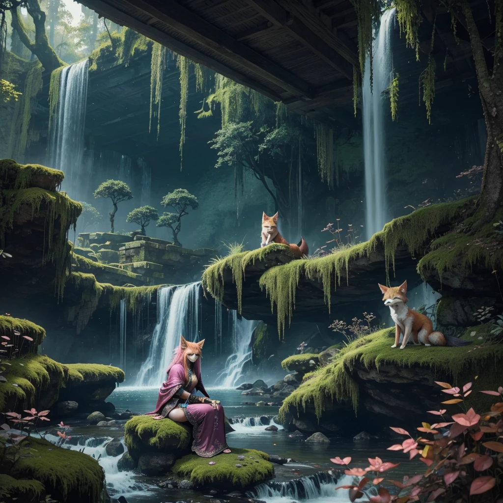 generate a sitting down with unique pose upto high angle view image of detailed photo hyperrealistic 8bit cubbism pixel detailed mysterious pink demonic fox, badass with intricate golden engrave symbols with anime artstyle fiery eyes a elongated tattered green divinal robe with cursive marking , doing a unique pose in a background full of details a ancient temple , filled with moss and eerie waterfall , with gigantic post using , super refined details clear clarity , high definition , unreal engine in super hd , high definition 32k resolution
