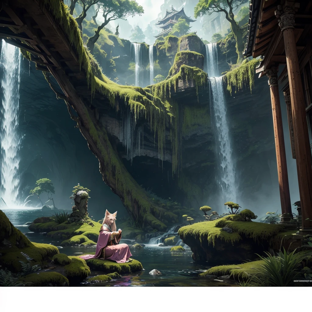 generate a sitting down with unique pose upto high angle view image of detailed photo hyperrealistic 8bit cubbism pixel detailed mysterious pink demonic fox, badass with intricate golden engrave symbols with anime artstyle fiery eyes a elongated tattered green divinal robe with cursive marking , doing a unique pose in a background full of details a ancient temple , filled with moss and eerie waterfall , with gigantic post using , super refined details clear clarity , high definition , unreal engine in super hd , high definition 32k resolution