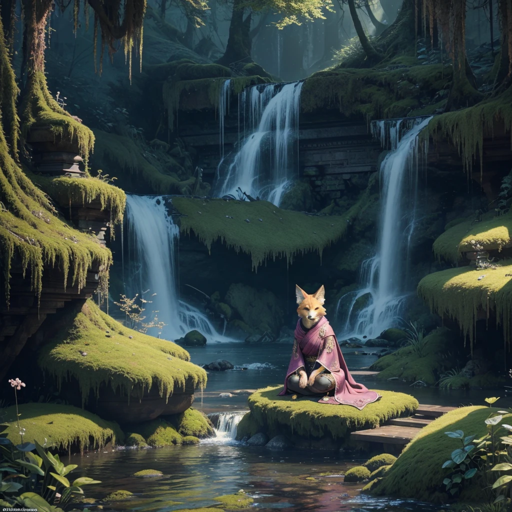 generate a sitting down with unique pose upto high angle view image of detailed photo hyperrealistic 8bit cubbism pixel detailed mysterious pink demonic fox, badass with intricate golden engrave symbols with anime artstyle fiery eyes a elongated tattered green divinal robe with cursive marking , doing a unique pose in a background full of details a ancient temple , filled with moss and eerie waterfall , with gigantic post using , super refined details clear clarity , high definition , unreal engine in super hd , high definition 32k resolution