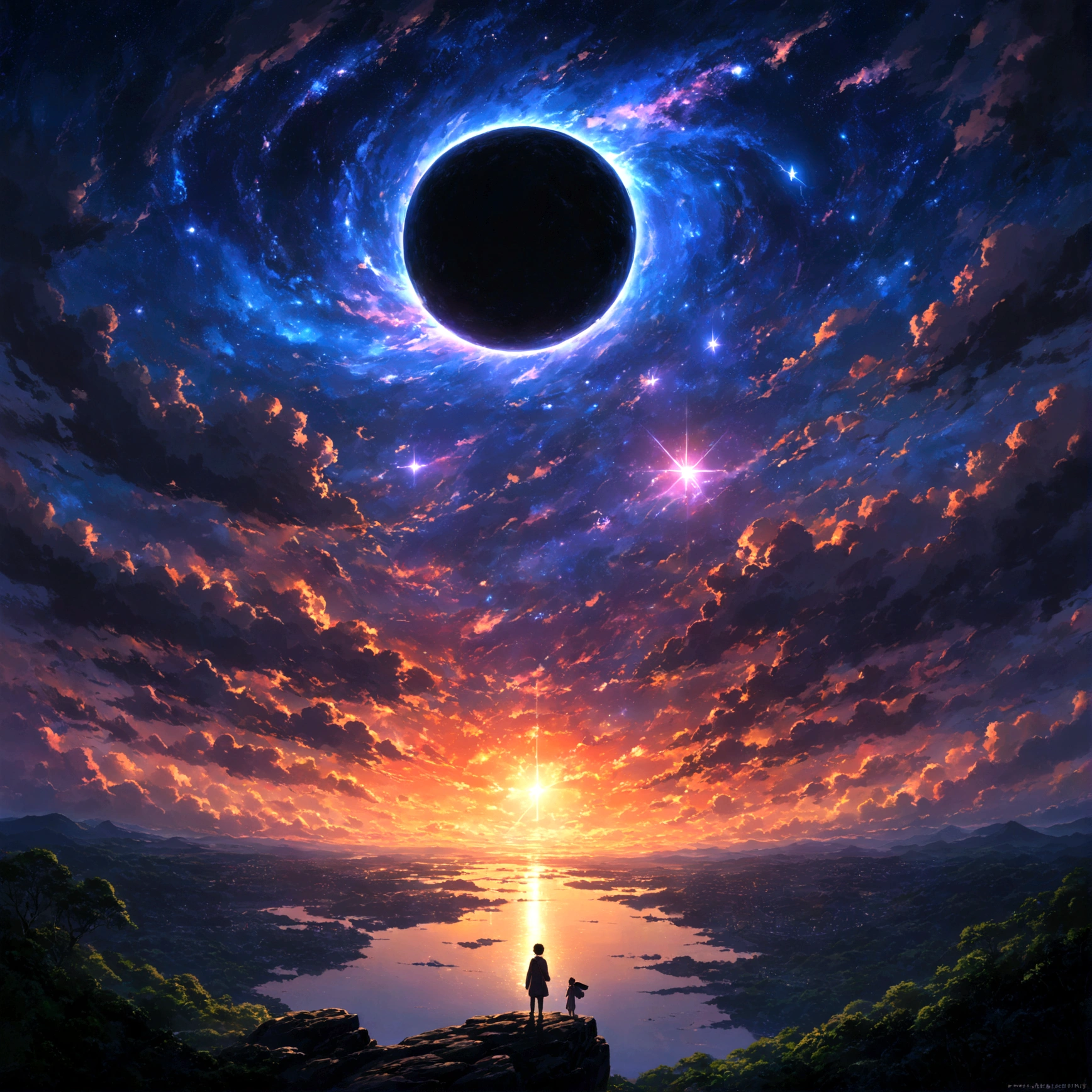 Swallow everything、漆黒のBlack Holebut、universe空間にぽっかりと口を開けている。It even absorbs the surrounding light.、The figure that creates a distorted space-time、fearと畏怖を感じさせる。In the distance、Black Holeの重力に引き寄せられるstar々but、赤く輝きなbutら崩壊していく様子but描かれている。美しいAnime Scenery, Landscape painting, Beautiful digital painting, Andreas Rocha, Beautiful artwork illustration, Awesome Wallpapers, Raymond Han, Tall beautiful paintings, Studio Ghibli Makoto Shinkai, Beautiful Wallpapers, Anime Scenery, universe, Pitch black, Black Hole, star, fear