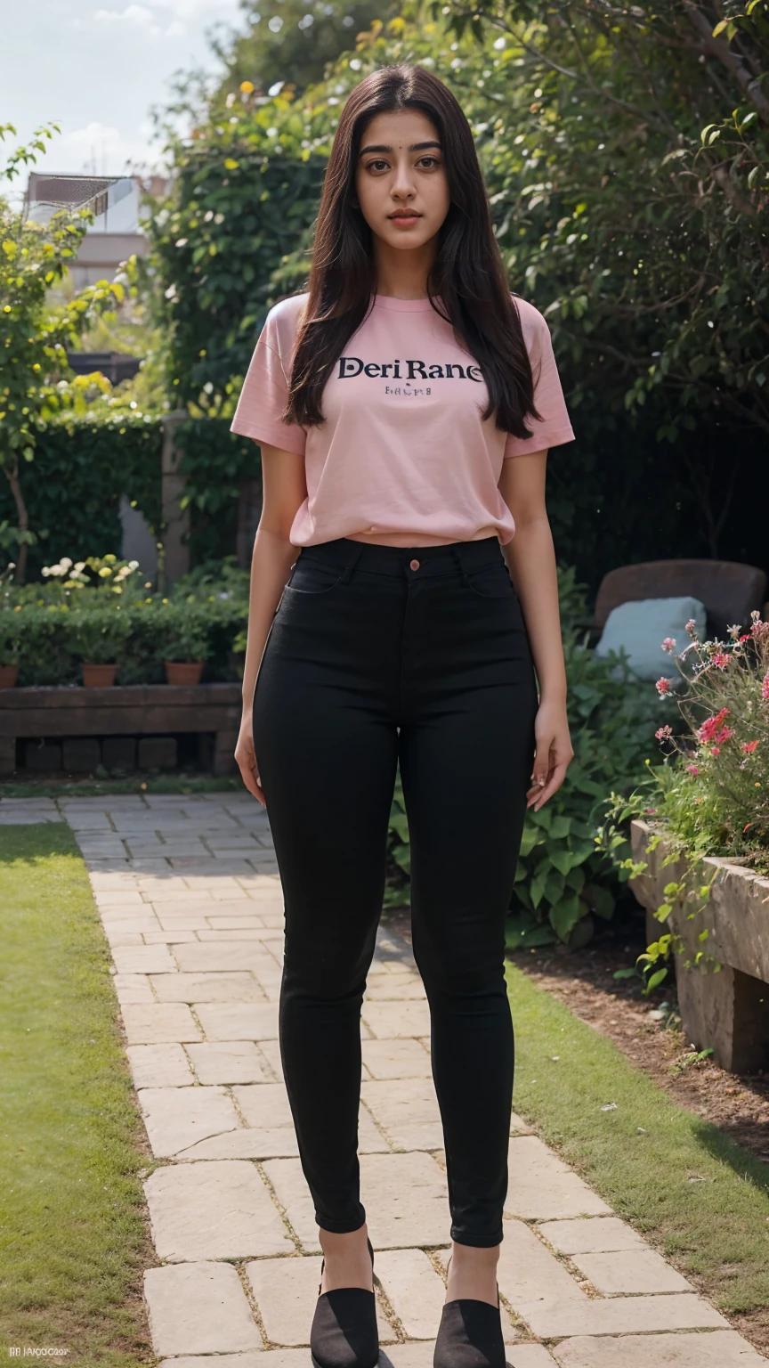 A beautiful young woman, Ananya Pandey wearing soft sky pink tshirt and black jeggings Full figure view full body, garden said body view view anatomy, ultra detailed face and eyes, ultra sharp HDR, realistic realism, 8k