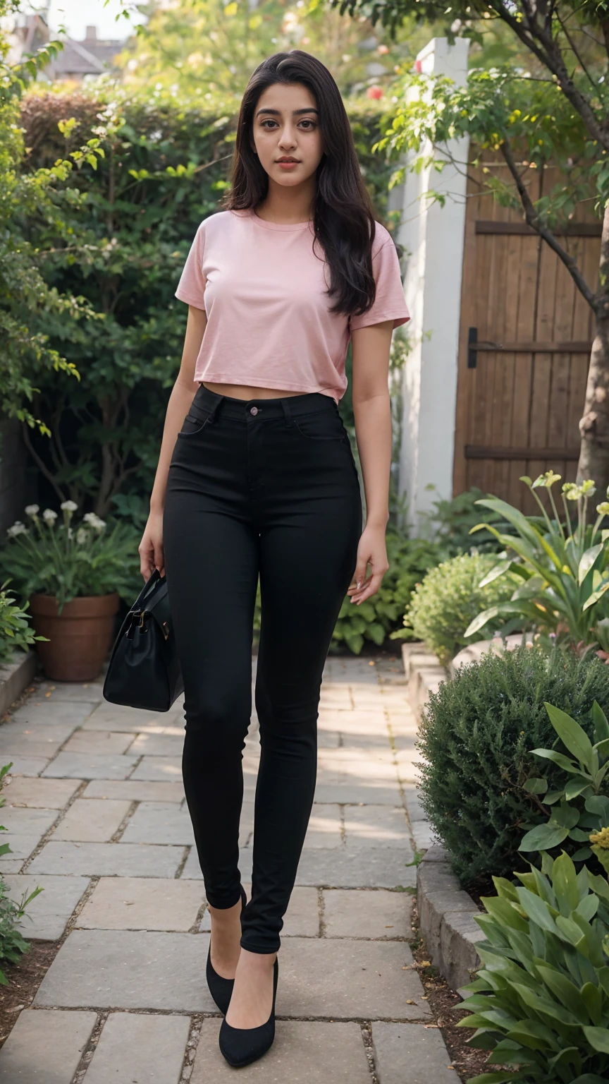 A beautiful young woman, Ananya Pandey wearing soft sky pink tshirt and black jeggings Full figure view full body, garden said body view view anatomy, ultra detailed face and eyes, ultra sharp HDR, realistic realism, 8k