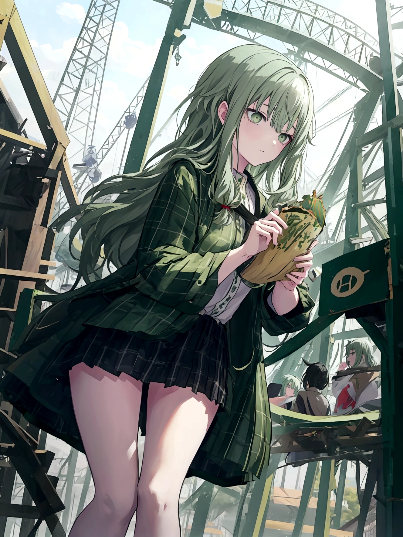 Dull green hair、Long hair with habits、Green Eyes、Introvert、Image of an amusement park、Show Cast