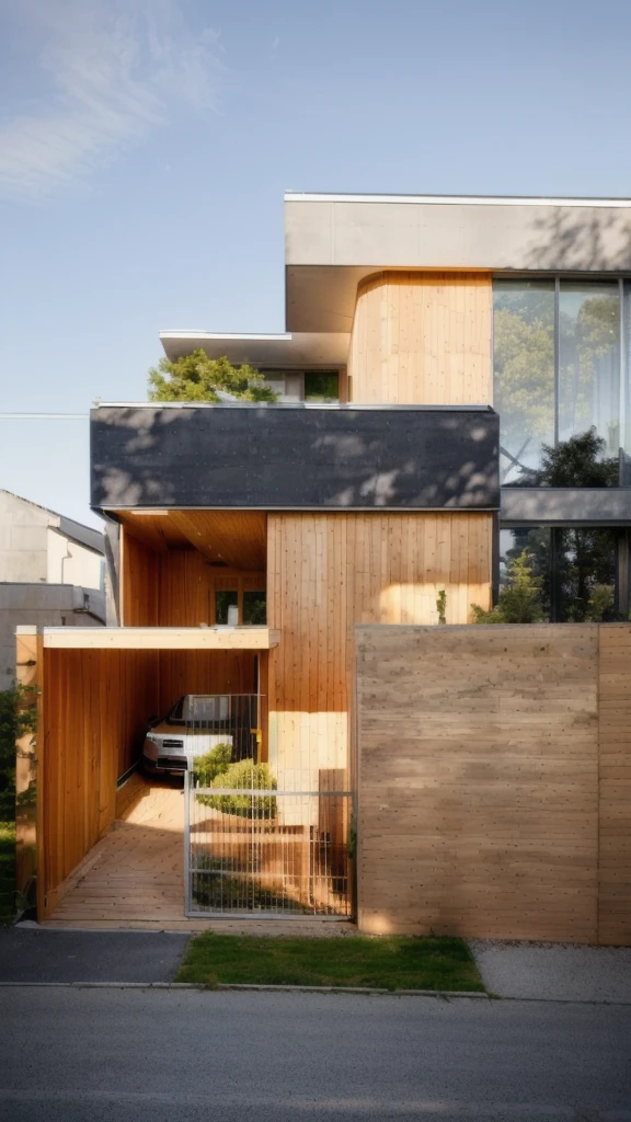 Maison moderne avec un style minimaliste, des matériaux exquis et simples, des courbes dans la construction, une belle lumière du soleil projetant des ombres dans le jardin avec des arbres verts, devant la maison se trouve une route asphaltée, à l'intérieur de la maison il y a une voiture.