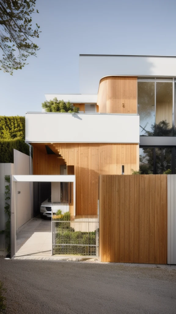 Maison moderne avec un style minimaliste, des matériaux exquis et simples, des courbes dans la construction, une belle lumière du soleil projetant des ombres dans le jardin avec des arbres verts, devant la maison se trouve une route asphaltée, à l'intérieur de la maison il y a une voiture.