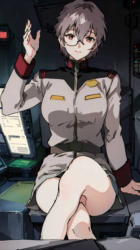 masterpiece, best quality, High resolution, Calm 1, 1 girl, alone, (Black_Stockings:1.1), army uniform, army, cosmetics, White shirt,  White Skirt, tight skirt, sitting, Upper Body, cockpit, space, Smile，Large Breasts，Sexy，Smile，red glasses，brown hair