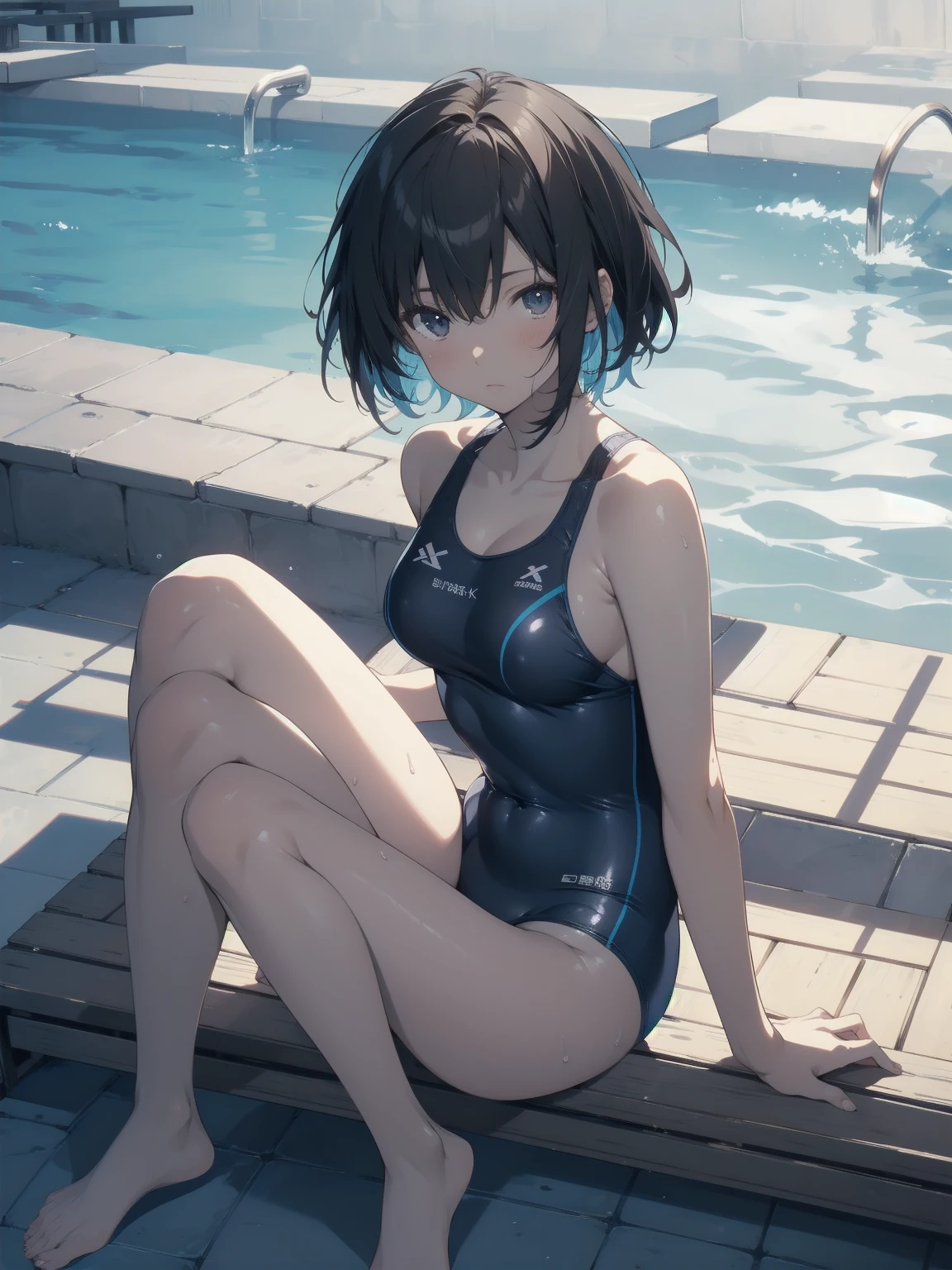 ultra-Top-quality by art God, ultra-detailed, high resolution, shinkai makoto style, anime moe artstyle, best anime 8k konachan wallpaper, pixiv contest winner, perfect anatomy, break,(Please draw a picture of a girl in a swimsuit sitting sleepily on a bench by the poolside alone.),break, a hyperrealistic school girl, (Solo,lolita, , 13-ar-1.3),l limbs, complete fingers, androgynous charm, (very short hair), wet hair, small breasts,slender body, Small butt, groin, Small black eyes,hanme,beautiful detailed eyes, well-proportioned iris and pupils, sleepy eyes, highres detailed hair, swimsuit, wet swimsuit, bare shoulders, thighs, in the school pool. break,super detailed skin, shiny skin, Best lighting powered by famous artist, 8k, illustration,UHD, textured skin,break,((artist:toosaka_asagi )), artist:clamp ,artist:carnelian ,artist:kantoku ,