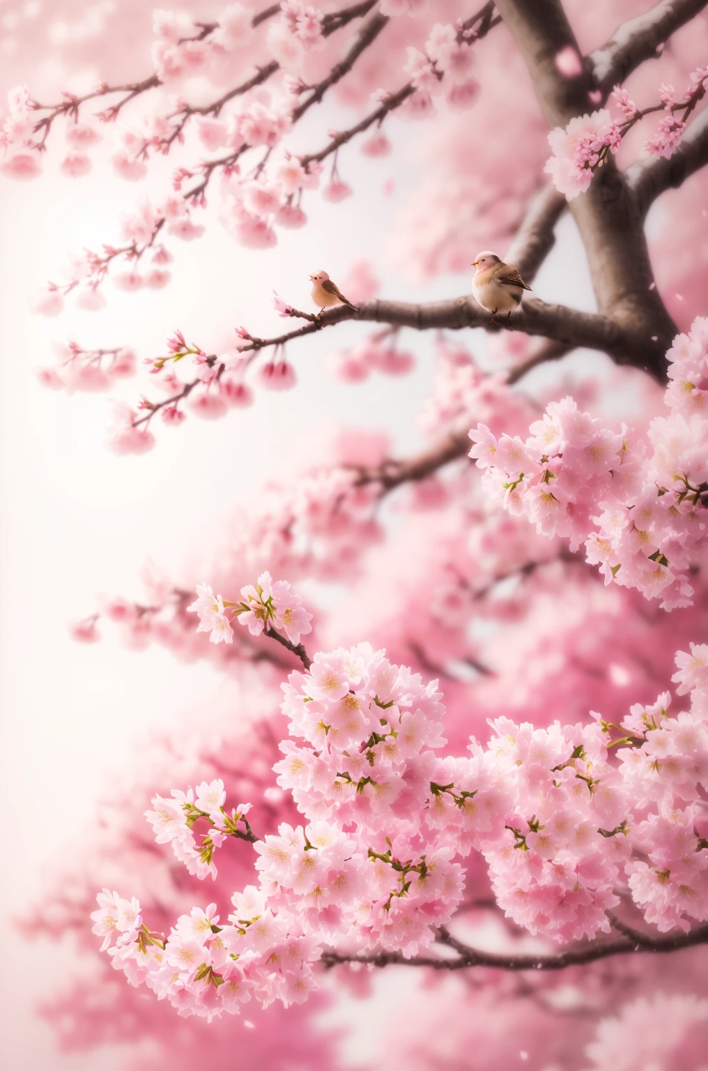 A bird is sitting on a cherry blossom branch, Cherry Blossom, Cherry Blossom, 背景のCherry tree, sakura season, Cherry Blossom, sakura blooming on background, Cherry Blossom, Cherry Blossom, たくさんのCherry Blossom, Green Grass々and Cherry Blossoms, Cherry tree, green々としたCherry tree, Cherry Blossom falling, Cherry blossoms bloom, Dynamic lighting during cherry blossom season, under a Cherry Blossom tree、Weeping cherry、Weeping cherry tree、Warbler
