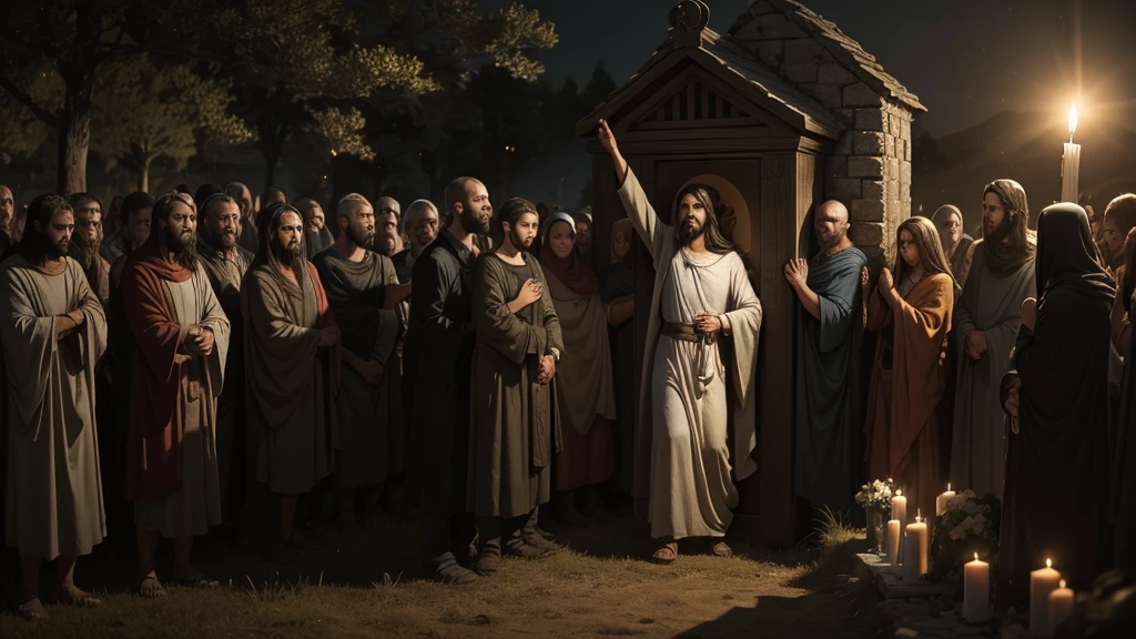 "A somber village scene at dusk, where mourners gather around a tomb carved into a hillside. Candles flicker in the gathering darkness, casting soft light on the grief-stricken faces of those mourning Lazarus. In the distance, a figure stands with outstretched arms, his gaze fixed on the tomb. This scene captures the moment before Jesus declares, 'Our friend Lazarus has fallen asleep,' symbolizing the biblical narrative of death as temporary slumber before resurrection."