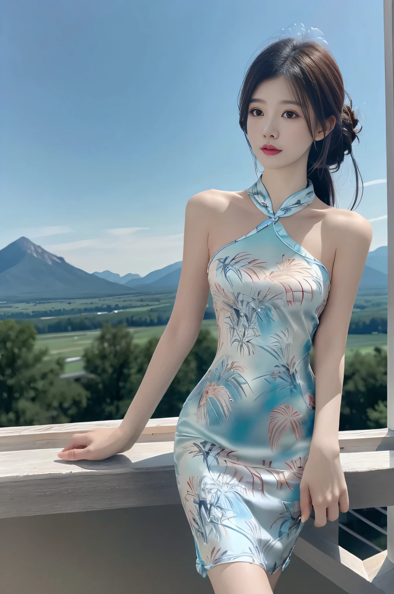 best quality,Human Development Report,Ultra HD,8K,Bright colors,Solitary,photo_,(1 Girl:1.3),(permanent:1.3),(Looking at the audience:1.4),elegant,detailed gorgeous face,(Cowboy shooting:1.2),(Mountain Background:1.2),rc,cheongsam,