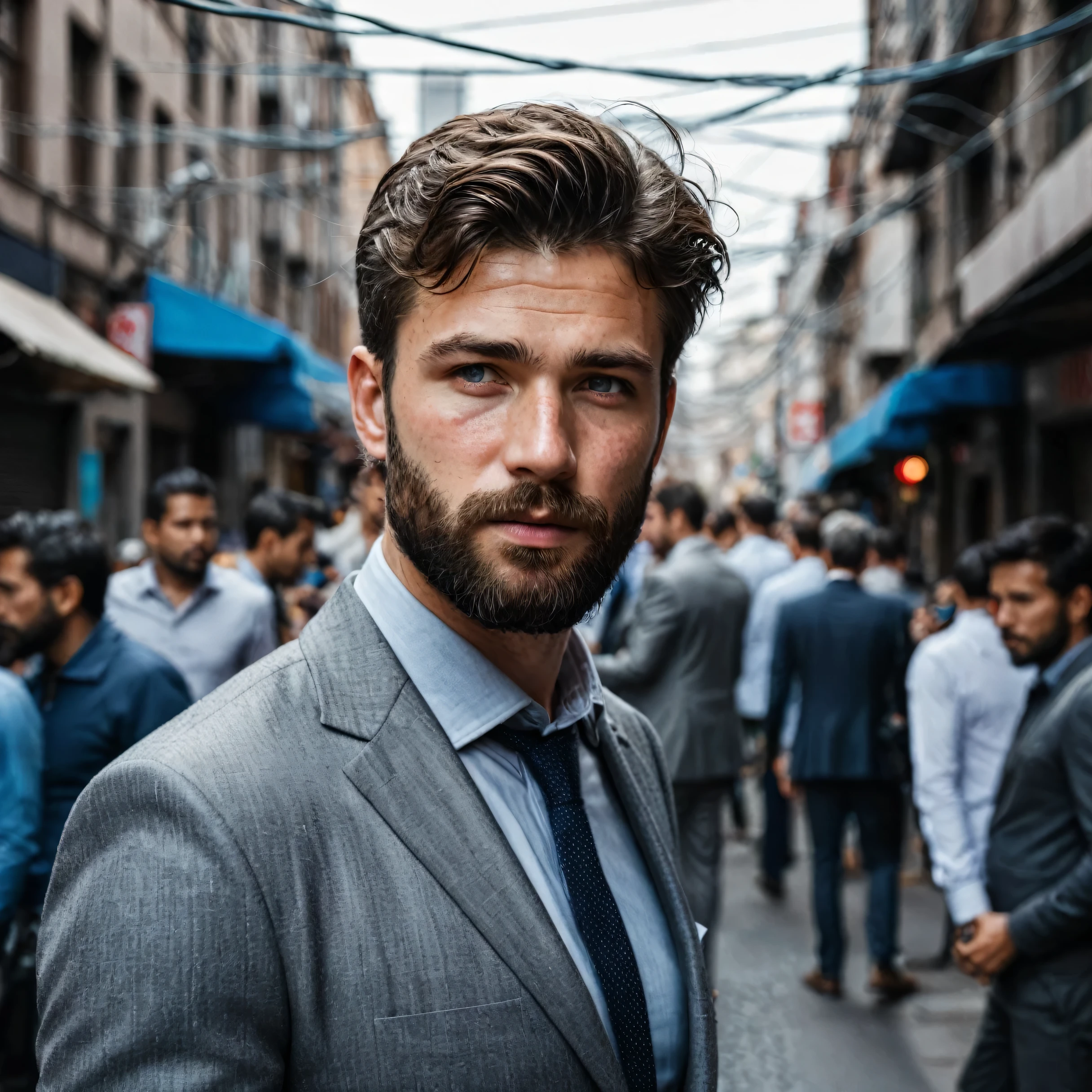 RAW photo, full body portrait of a beautiful man with a beard in a grey suite, he stands in a crowded street with tangled power cables, full sharp, detailed face, blue eyes, (high detailed skin:1.2), 8k uhd, dslr, soft lighting, high quality, film grain, Fujifilm XT3 dappled light on face, pale skin, skin pores, oiled shiny skin, skin blemish, imperfect skin, intricate skin details, visible skin detail, detailed skin texture, blush, wrinkles, vitiligo spots, moles, whiteheads, blackhead, white pimples, red pimples, beauty spot, skin fuzz, [[[[[freckles]]]]] (perfect eyes), ((perfect hands with four fingers and one thumb each))