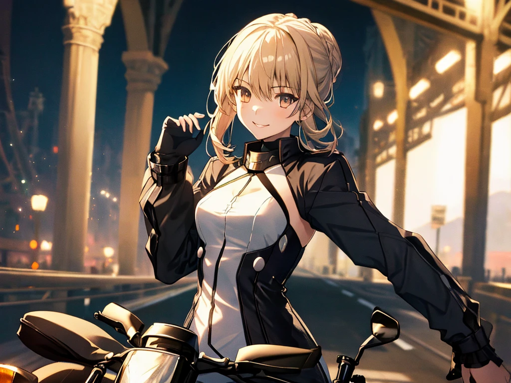 Motorcycle, アルトリア・ペンドラゴン_FATE, (masterpiece), highest quality, Fearless smile, 1girl, uhd, retina, masterpiece, ccurate, anatomically correct, textured skin, super detail, high details, high quality, best quality, highres, 4K