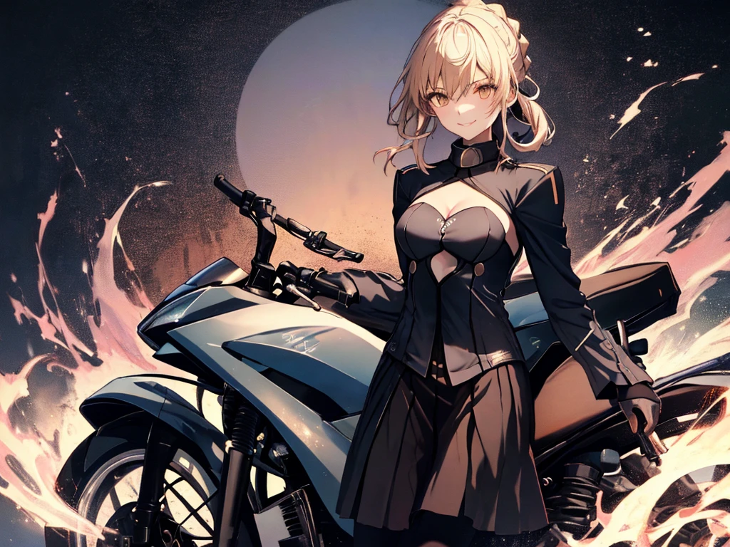 Motorcycle, アルトリア・ペンドラゴン_FATE, (masterpiece), highest quality, Fearless smile, 1girl, uhd, retina, masterpiece, ccurate, anatomically correct, textured skin, super detail, high details, high quality, best quality, highres, 4K