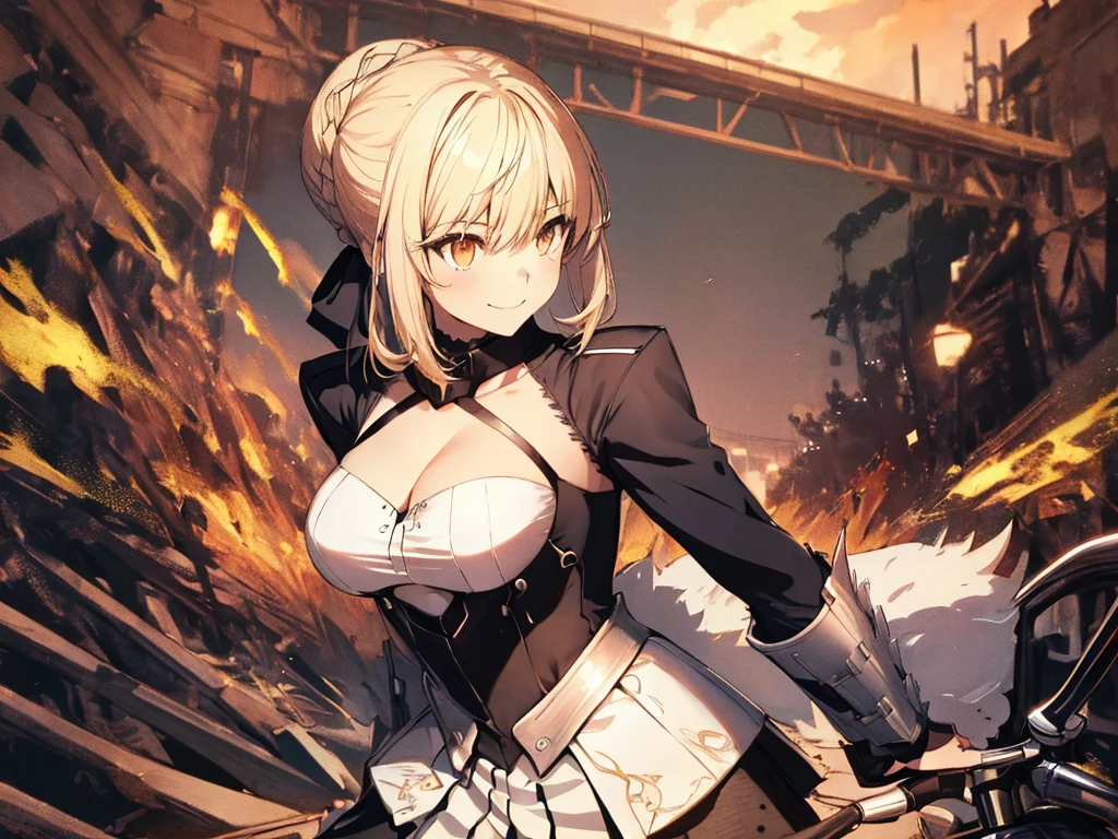 Motorcycle, アルトリア・ペンドラゴン_ＦＡＴＥ, (masterpiece), highest quality, Fearless smile, 1girl, uhd, retina, masterpiece, ccurate, anatomically correct, textured skin, super detail, high details, high quality, best quality, highres, 4K