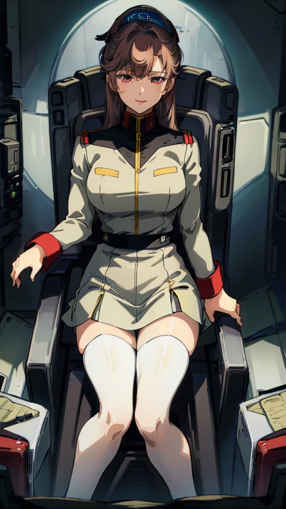 masterpiece, best quality, High resolution, Calm 1, 1 girl, alone, (Black_Stockings:1.1), army uniform, army, cosmetics, White shirt, White Skirt, tight skirt, sitting, Upper Body, cockpit, space, Smile,Large Breasts,Sexy,Smile,red glasses,brown hair
