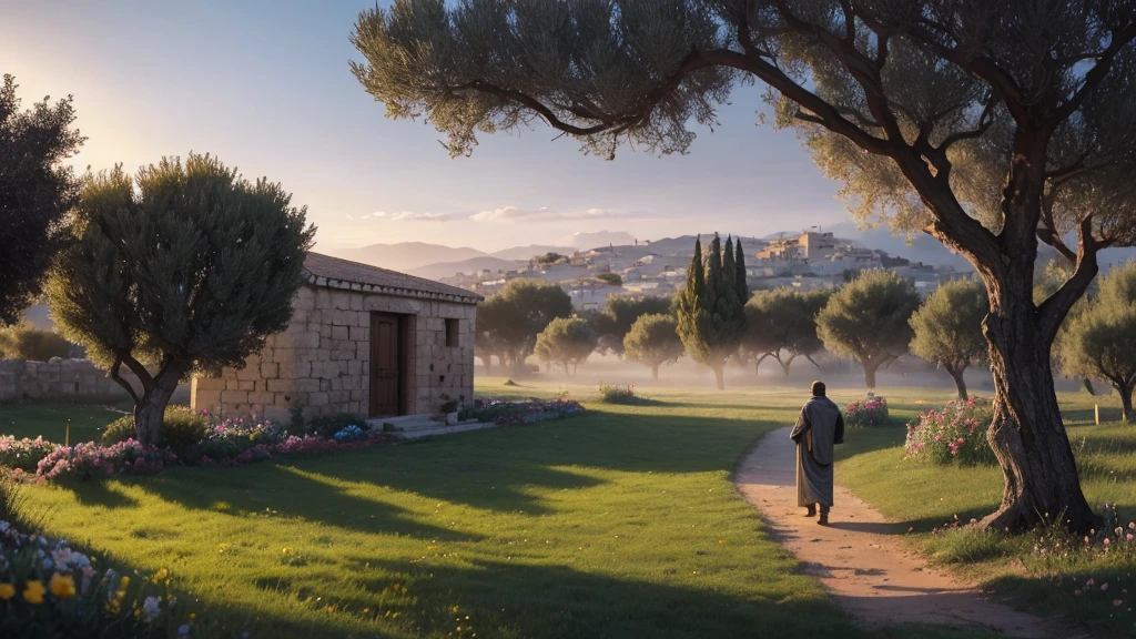 "A serene countryside landscape at sunrise, where a figure walks along a path lined with blooming flowers and ancient olive trees. In the distance, the silhouette of a village marks the setting of Lazarus' home. Rays of sunlight break through the morning mist, illuminating a secluded garden where Jesus stands beside Lazarus' tomb. His expression reflects resolve and compassion as he prepares to fulfill his promise to awaken Lazarus from death."