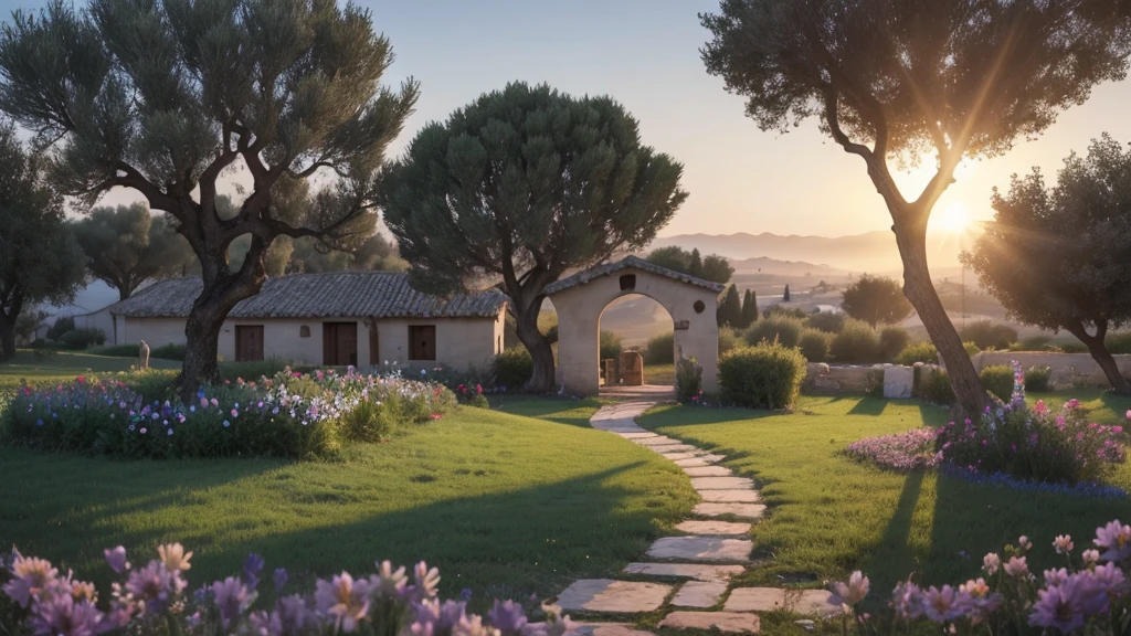 "A serene countryside landscape at sunrise, where a figure walks along a path lined with blooming flowers and ancient olive trees. In the distance, the silhouette of a village marks the setting of Lazarus' home. Rays of sunlight break through the morning mist, illuminating a secluded garden where Jesus stands beside Lazarus' tomb. His expression reflects resolve and compassion as he prepares to fulfill his promise to awaken Lazarus from death."