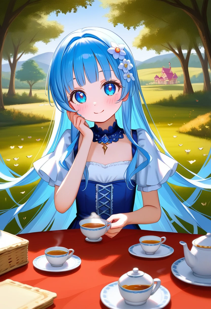 masterpiece, best quality, extremely detailed, (illustration, official art:1.1),adorable face、 1 girl ,(((( light blue long hair)))),pale blue hair,, long hair ((blush)) , cute face, big eyes, masterpiece, best quality,(((((a very delicate and beautiful girl))))),Amazing,beautiful detailed eyes,blunt bangs((((little delicate girl)))),tareme(true beautiful:1.2), sense of depth,dynamic angle,,,, affectionate smile, (true beautiful:1.2),,(tiny 1girl model:1.2),)flat chest、absurdres , highres, ultra detailed, (girls in diorama:1.4), dollhouse view, miniature, BREAK, maximalism, victorian glass house, victorian dress, floral print, tea party, BREAK, (((Tea party)))
