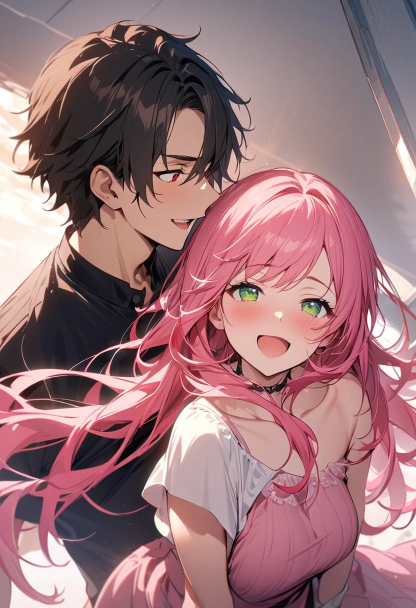 (couple), girl and boy, 1boy, ((boy with green eyes, short black curly hair)), 1girl, ((girl with red eyes, vibrant pink long hair)), intimate, rich in detail, happy expression, love, long shot, wide angle, (((masterpiece, best quality, aesthetic, heavenly)))
