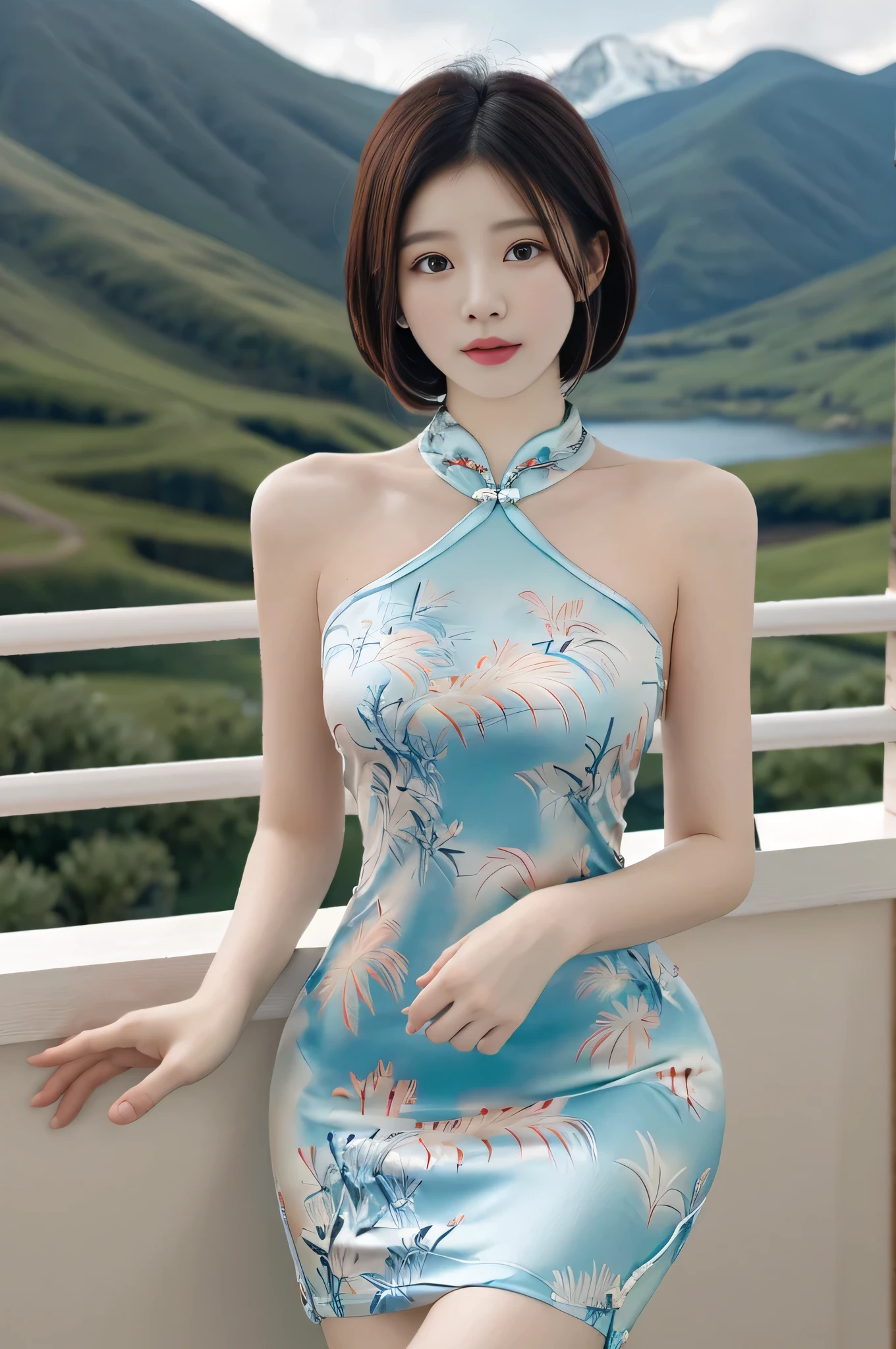 best quality,Human Development Report,Ultra HD,8K,Bright colors,Solitary,photo_,(1 Girl:1.3),(permanent:1.3),(Looking at the audience:1.4),elegant,detailed gorgeous face,(Cowboy shooting:1.2),(Mountain Background:1.2),rc,cheongsam,