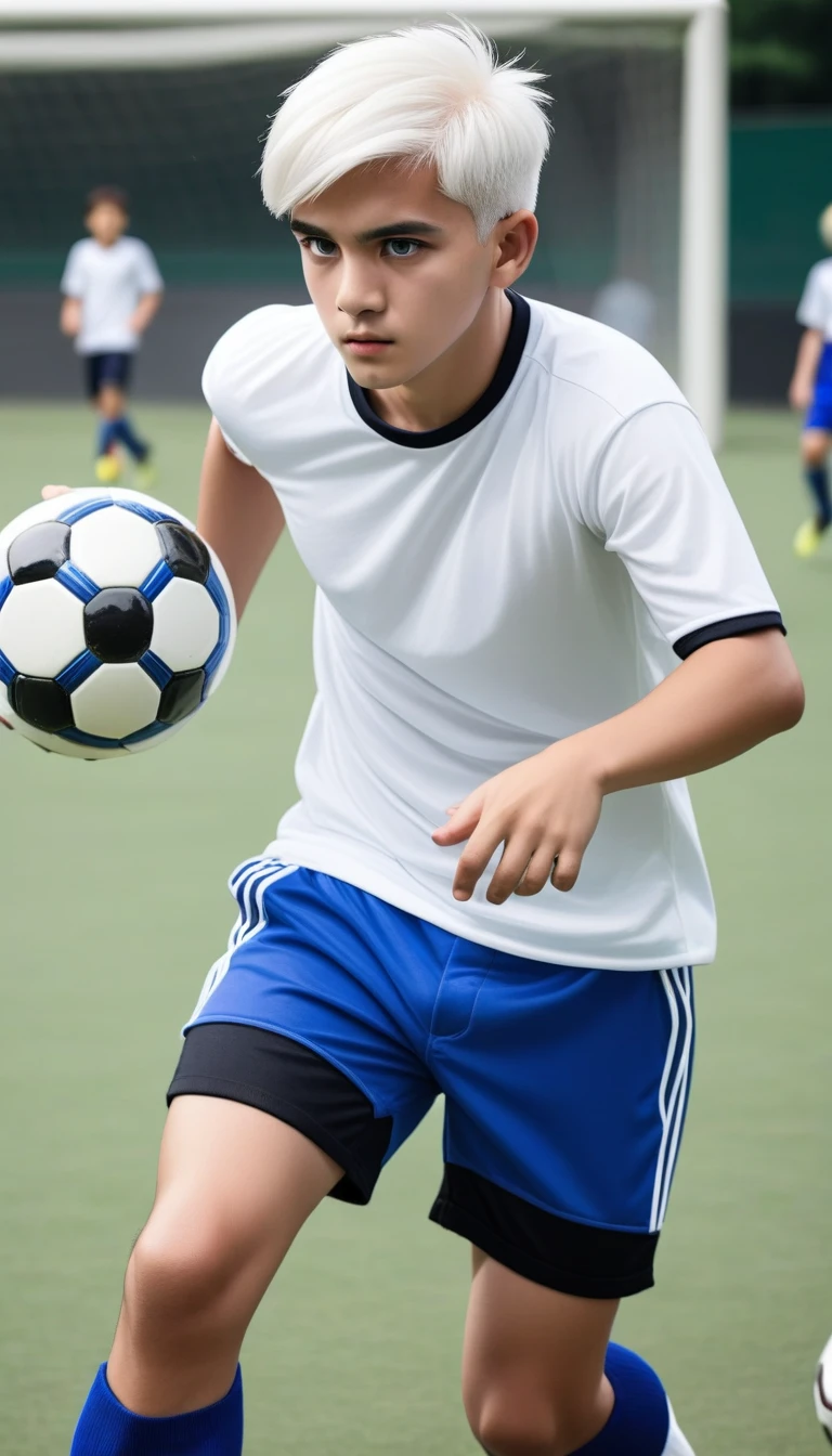 man,short white hair,black eyes,Wearing a boys' , white shirt , blue shorts, Touch the ball in the soccer field,