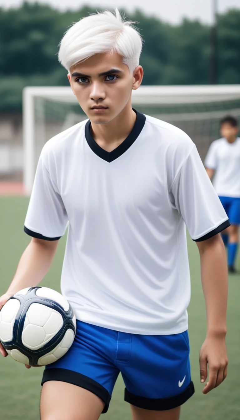 man,short white hair,black eyes,Wearing a boys' , white shirt , blue shorts, Touch the ball in the soccer field,