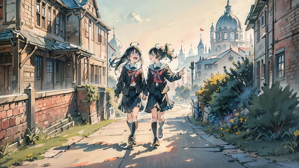 Ultra High Quality, masterpiece, high resolution, accurate anatomy, accurately describe a person, Beautiful illustration, 2 high school girls, cute face, happy, black hair, Historic buildings, quaint school buildings, beautiful movie, 