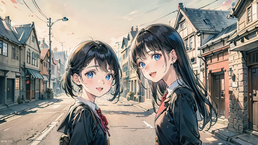 Ultra High Quality, masterpiece, high resolution, accurate anatomy, accurately describe a person, Beautiful illustration, 2 high school girls, cute face, happy, black hair, Historic buildings, quaint school buildings, beautiful movie, 