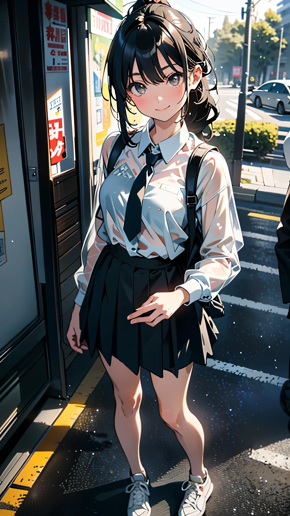 (8K, RAW Photos, 最high quality, masterpiece:1.2), high qualityのRAWカラー写真, Professional photo shoot, Cinematic Light, alone, (((young woman, Gal))), (Sharp features), (Small face), (Skin with attention to detail:1.2), clavicle, Cute face, Beautiful appearance, Long eyelashes,Girl Turning Around, smile, (Black Hair, Long straight line), High School Uniform, sneakers, Backpack, Night Park, Confident attitude, Capture the happy moment, Artistic painting,Attractive thighs, (A very fine touch:1.2),はにかんだsmile), Peaceful atmosphere, Oil painting style, Bright colors, (Are standing:1.5, Inside a convenience store, Full body portrait), Smooth texture, Gazing Eyes, Beautiful Skin, Shiny skin, ((Perfect Fingers, Five Fingers, Anatomically correct)), Background Blur, high quality, Surreal, ((Very detailed, photo shoot)),A large number of people、blush、plump、Black Hair、Tie-up hair、ponytail、mini skirt、heavy rain、soaked、See-through shirt、See-through bra