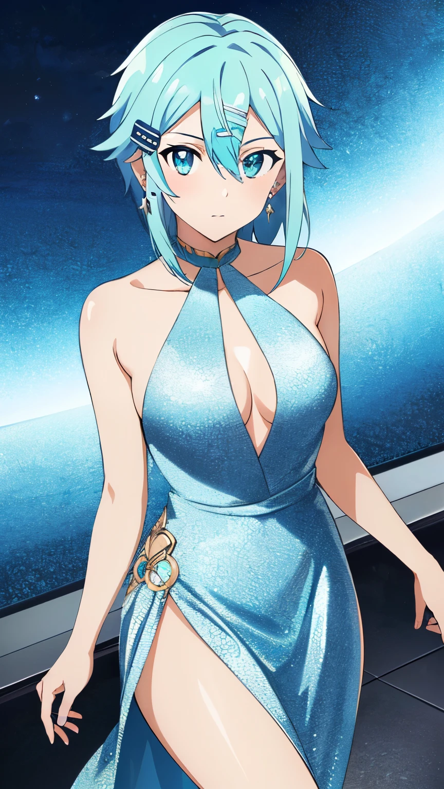 (Top Quality, Masterpiece, 8k:1.2), Ultra Detailed, High Resolution, Anime, 1 Girl, Solo, EPsoaSinon, Short Hair, Light Blue Hair, Detailed Jewel Eyes, Hair Between Eyes, (Hair Accessory:1.2), Hair Clip, Side Locks, (diamond dress, revealing, earrings), dynamic Angle, Cowboy Shot,looking at viewer,