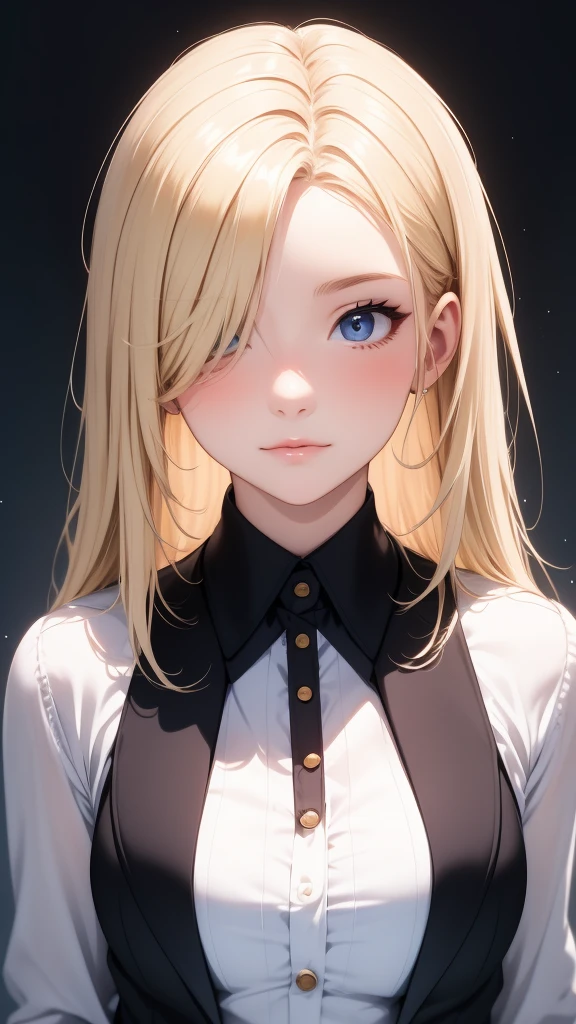 portrait of european girl,solo,20yo,beautiful face,uppser body,hair over one eye,medium sidecut, blonde hair, sharp focus,black business suit