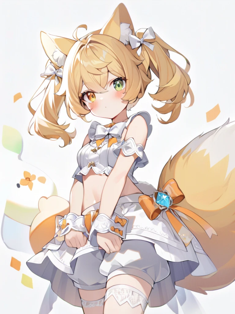 1girl, animal ears, bangs, bare shoulders, blonde hair, blush, bow, breasts, white cleavage, cropped torso, , green eyes, hair ribbon, heterochromia, stlooking at viewer, , orange bow, orange eyes, orange ribbon, ears like an unearthly animal, fluffy tail, light tail, real tail, ribbon, solo, stuffed animal, stuffed bunny, stuffed toy, twintails, upper body, full-length, white legbands, white shoes with lace and white bows, white background, wrist cuffs, yellow eyes, bloomers, close-up, fair skin frills, lace, midriff, skirt, solo, , white background,shorts, white top with ribbon and lace and trousers,trousers, genshin,white slippers with a bow,All clothes are white, laceAt full height, it stands, в полный рост
