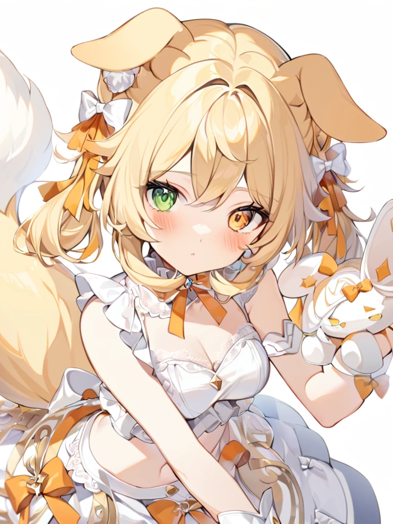 1girl, animal ears, bangs, bare shoulders, blonde hair, blush, bow, breasts, white cleavage, cropped torso, , green eyes, hair ribbon, heterochromia, stlooking at viewer, , orange bow, orange eyes, orange ribbon, ears like an unearthly animal, fluffy tail, light tail, real tail, ribbon, solo, stuffed animal, stuffed bunny, stuffed toy, twintails, upper body, full-length, white legbands, white shoes with lace and white bows, white background, wrist cuffs, yellow eyes, bloomers, close-up, fair skin frills, lace, midriff, skirt, solo, , white background,shorts, white top with ribbon and lace and trousers,trousers, genshin,white slippers with a bow,All clothes are white, laceAt full height, it stands, в полный рост