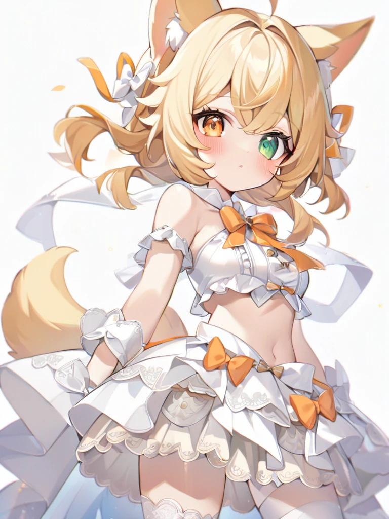 1girl, animal ears, bangs, bare shoulders, blonde hair, blush, bow, breasts, white cleavage, cropped torso, , green eyes, hair ribbon, heterochromia, stlooking at viewer, , orange bow, orange eyes, orange ribbon, ears like an unearthly animal, fluffy tail, light tail, real tail, ribbon, solo, stuffed animal, stuffed bunny, stuffed toy, twintails, upper body, full-length, white legbands, white shoes with lace and white bows, white background, wrist cuffs, yellow eyes, bloomers, close-up, fair skin frills, lace, midriff, skirt, solo, , white background,shorts, white top with ribbon and lace and trousers,trousers, genshin,white slippers with a bow,All clothes are white, laceAt full height, it stands, в полный рост