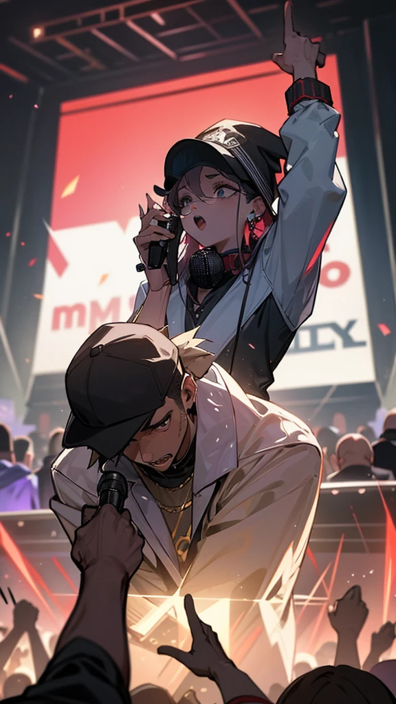 Two rappers exchanging rhymes, microphone on hand, over an scenario, crowd witnessing, epic and intense scenemy, pov from crowd