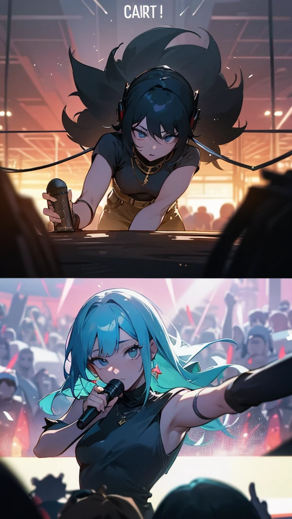 Two rappers exchanging rhymes, microphone on hand, over an scenario, crowd witnessing, epic and intense scenemy, pov from crowd
