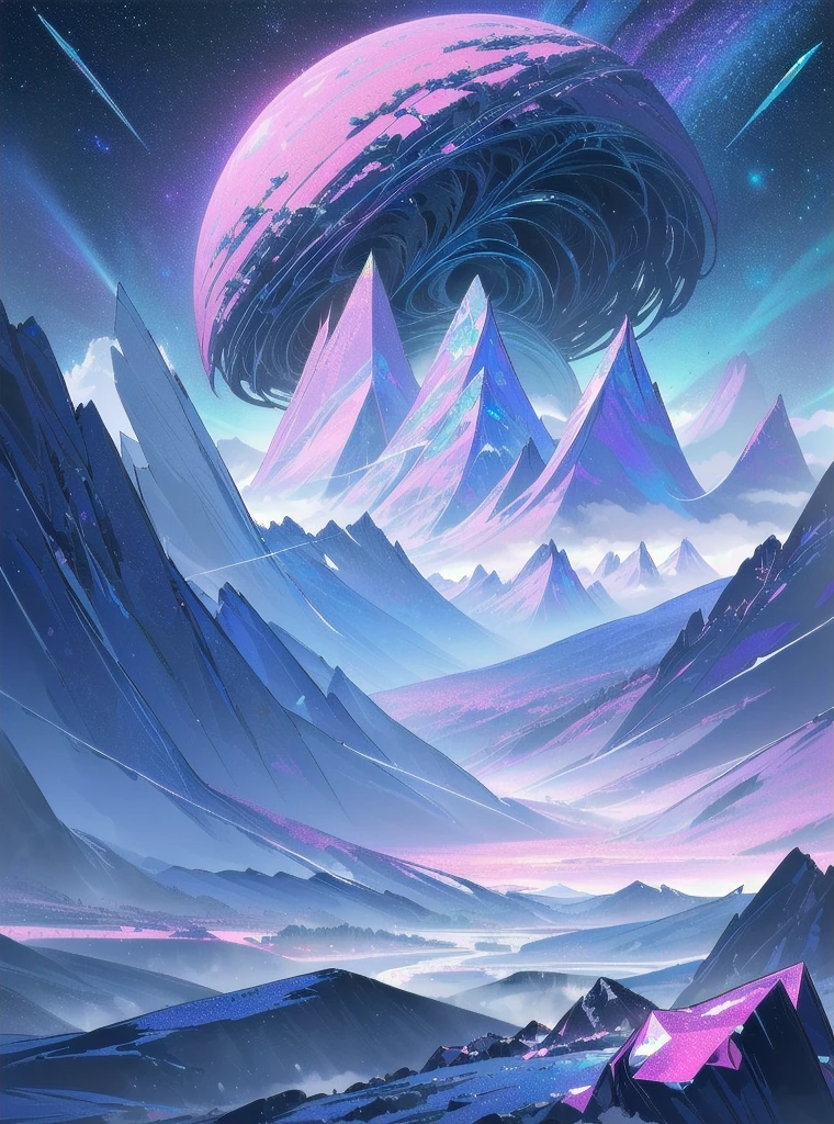 painting of a mountain landscape with a river and a mountain range, a lot of sharp crystals grow from the ground, accumulations of crystals over the entire surface, it is dangerous to injure yourself, Highly detailed 4K digital art, just a joke, background image, stunning artwork in 8k, Detailed 4K digital art, lush alien landscape, beautiful art uhd 4 k, Sci-fi fantasy wallpapers, beautiful alien landscape, alien landscape, Turbulent alien bright landscape, Epic fairytale fantasy landscape, even more crystals, even more crystals, a lot of crystals, even more crystals
