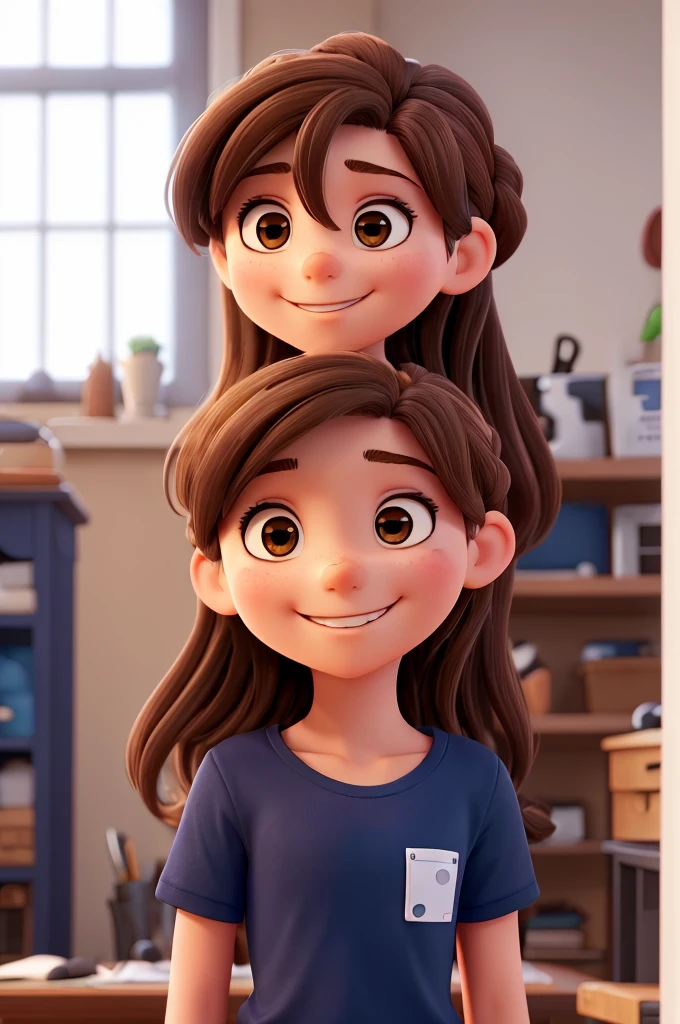 work of art, best qualityer, a girl with dark brown wavy hair tied up smiling wearing a plain navy blue t-shirt