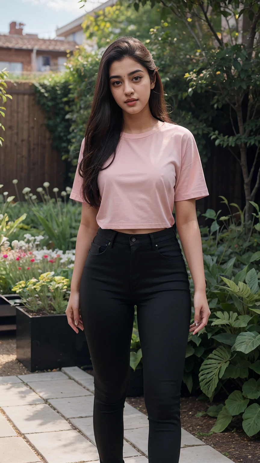 A beautiful young woman, Ananya Pandey wearing soft sky pink tshirt and black jeggings Full figure view full body, garden said body view view anatomy, ultra detailed face and eyes, ultra sharp HDR, realistic realism, 8k