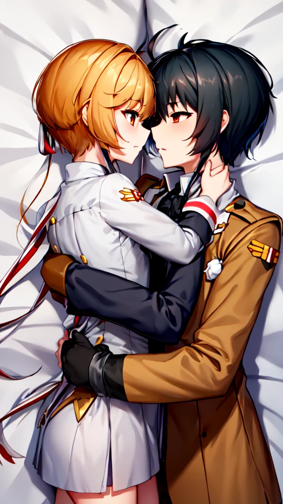 흑발, 초현실주의, 8K, 슈퍼 디테일 ,a man and a woman hugging each other on a bed, female sailor uniforms, black age girl, detailed - i, fisting, gogo : :, blonde short hair, naive, inspired by Du Qiong, ori, sergeant, in