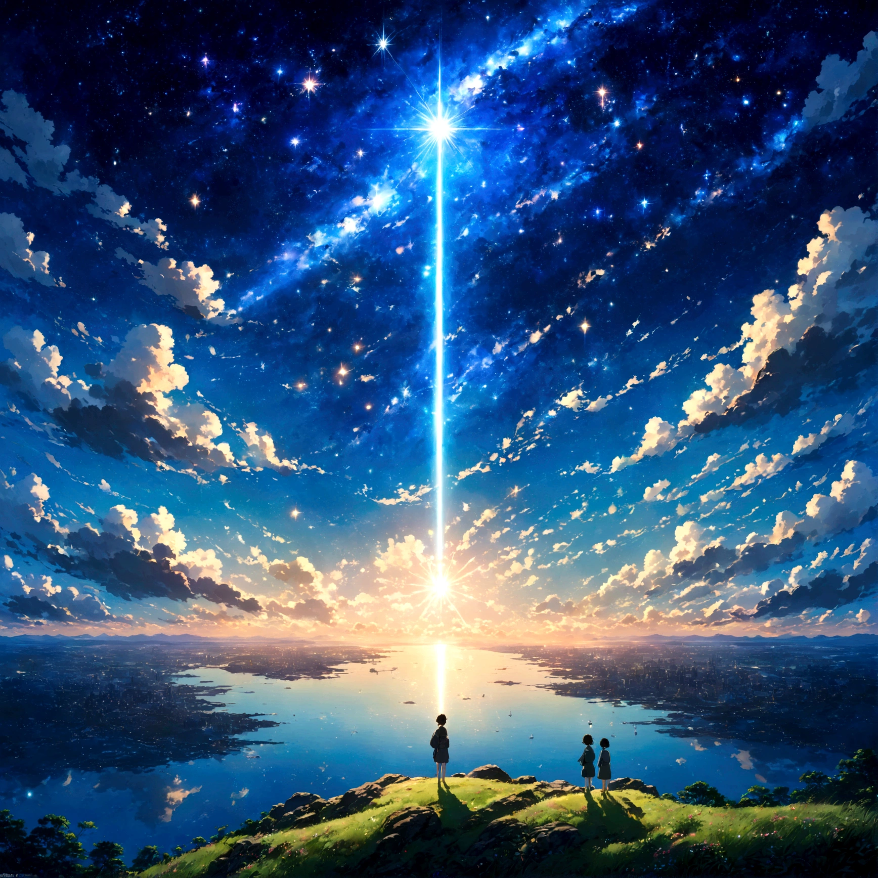 無限に広butる漆黒のuniverse空間。無数のstar々but、Like diamonds scattered in the night sky、Shining beautifully。In the center of it is、青く輝くEarthbut、Quietly showing its presence。暗闇の中に浮かぶEarthの姿は、hopeと畏敬の念を抱かせる。美しいAnime Scenery, Landscape painting, Beautiful digital painting, Andreas Rocha, Beautiful artwork illustration, Awesome Wallpapers, Raymond Han, Tall beautiful paintings, Studio Ghibli Makoto Shinkai, Beautiful Wallpapers, Anime Scenery, universe, Pitch black, star, Earth, hope