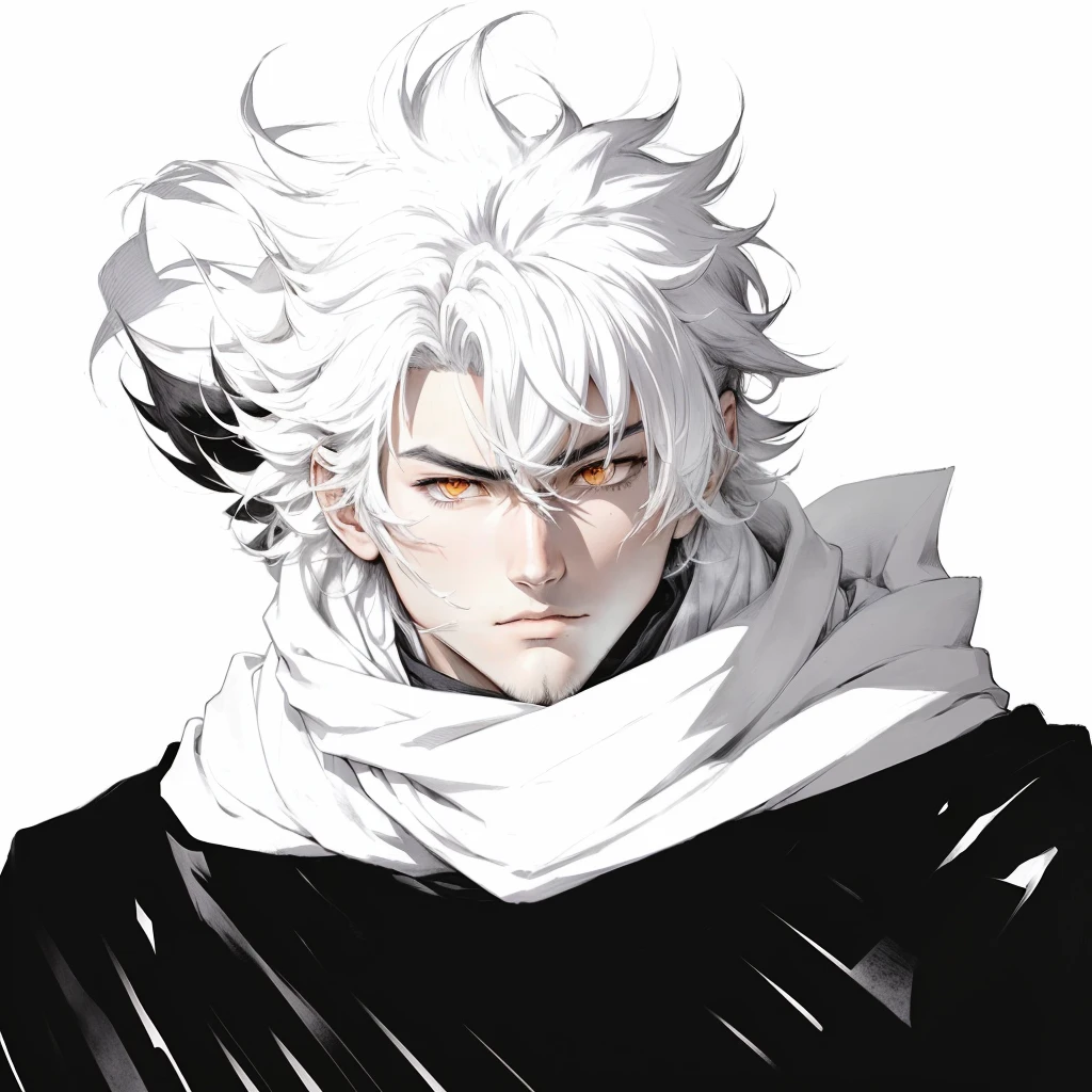 gege akutami manga art style, cool shading, sharp lineart, badass pose, white fluffy messy hair, boy, black and white, staring at viewer, messy clothing, male, scarf over mouth