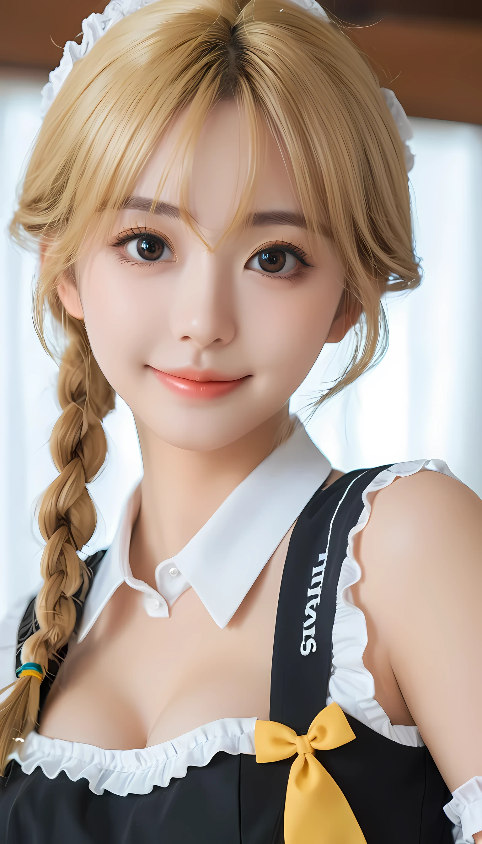 18 years old beautiful girl, big eyes, Large Breasts, tiny and cute, 8K, Top quality, (Very detailed head: 1.0), (Very detailed face: 1.0), (Very detailed head发: 1.0), Maid uniform, Highly detailed official artwork, Anime cute art style, Clean and detailed anime art, Smile, blond, Long smooth hair