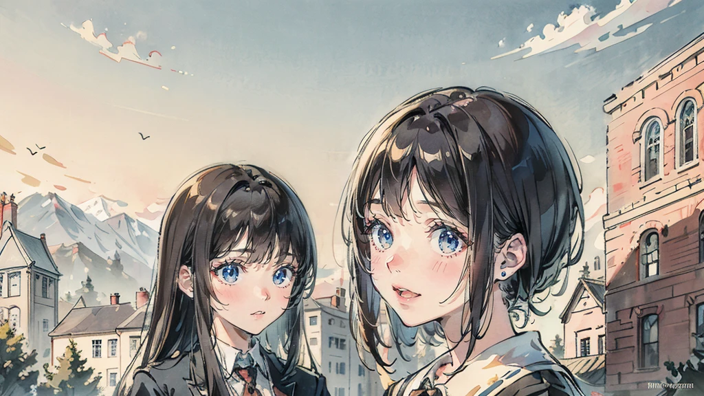 Ultra High Quality, masterpiece, high resolution, accurate anatomy, accurately describe a person, Beautiful illustration, 2 high school girls, cute face, happy, black hair, Historic buildings, quaint school buildings, beautiful movie, 