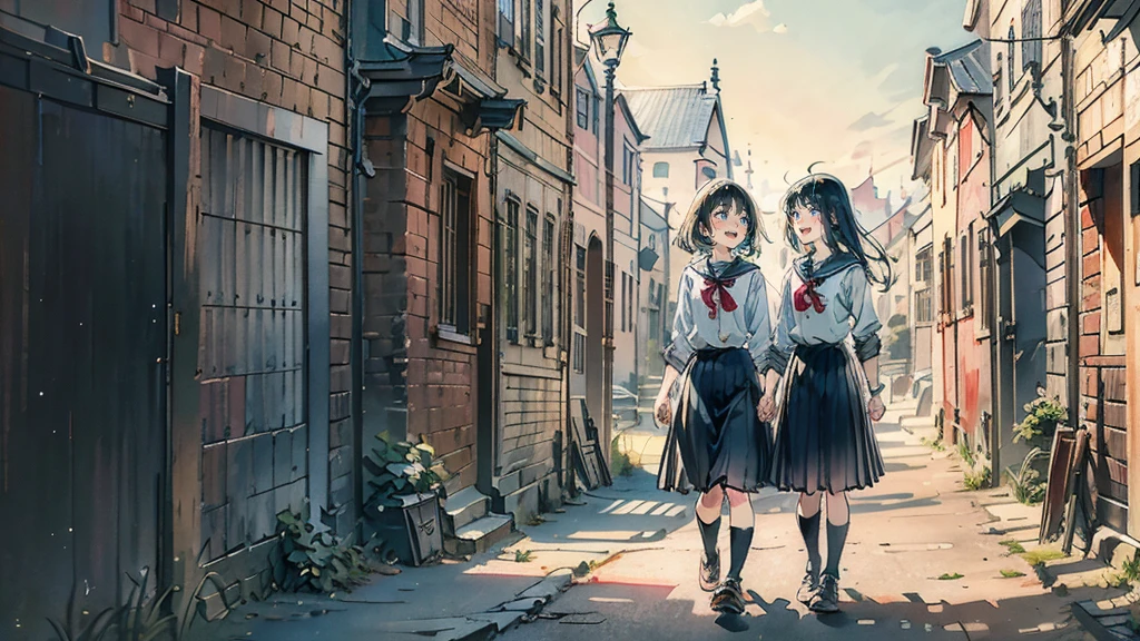 Ultra High Quality, masterpiece, high resolution, accurate anatomy, accurately describe a person, Beautiful illustration, 2 high school girls, cute face, happy, black hair, Historic buildings, quaint school buildings, beautiful movie, 