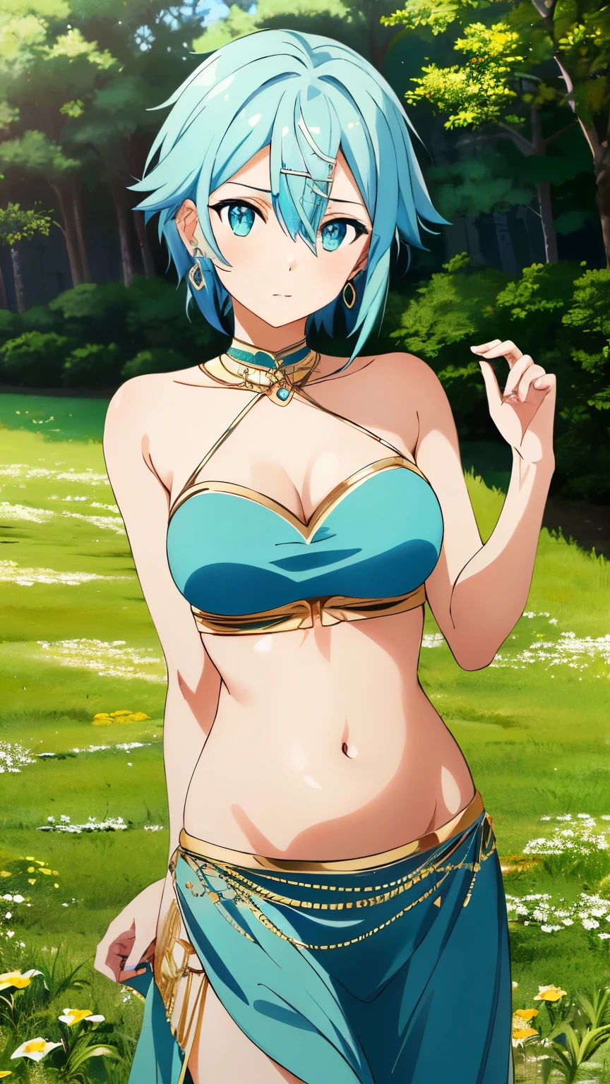 (Top Quality, Masterpiece, 8k:1.2), Ultra Detailed, High Resolution, Anime, 1 Girl, Solo, EPsoaSinon, Short Hair, Light Blue Hair, Detailed Jewel Eyes, Hair Between Eyes, (Hair Accessory:1.2), Hair Clip, Side Locks, (Belly Dancer, Reveal, Earrings, Accessory, Meadow), dynamic Angle, Cowboy Shot,looking at viewer,