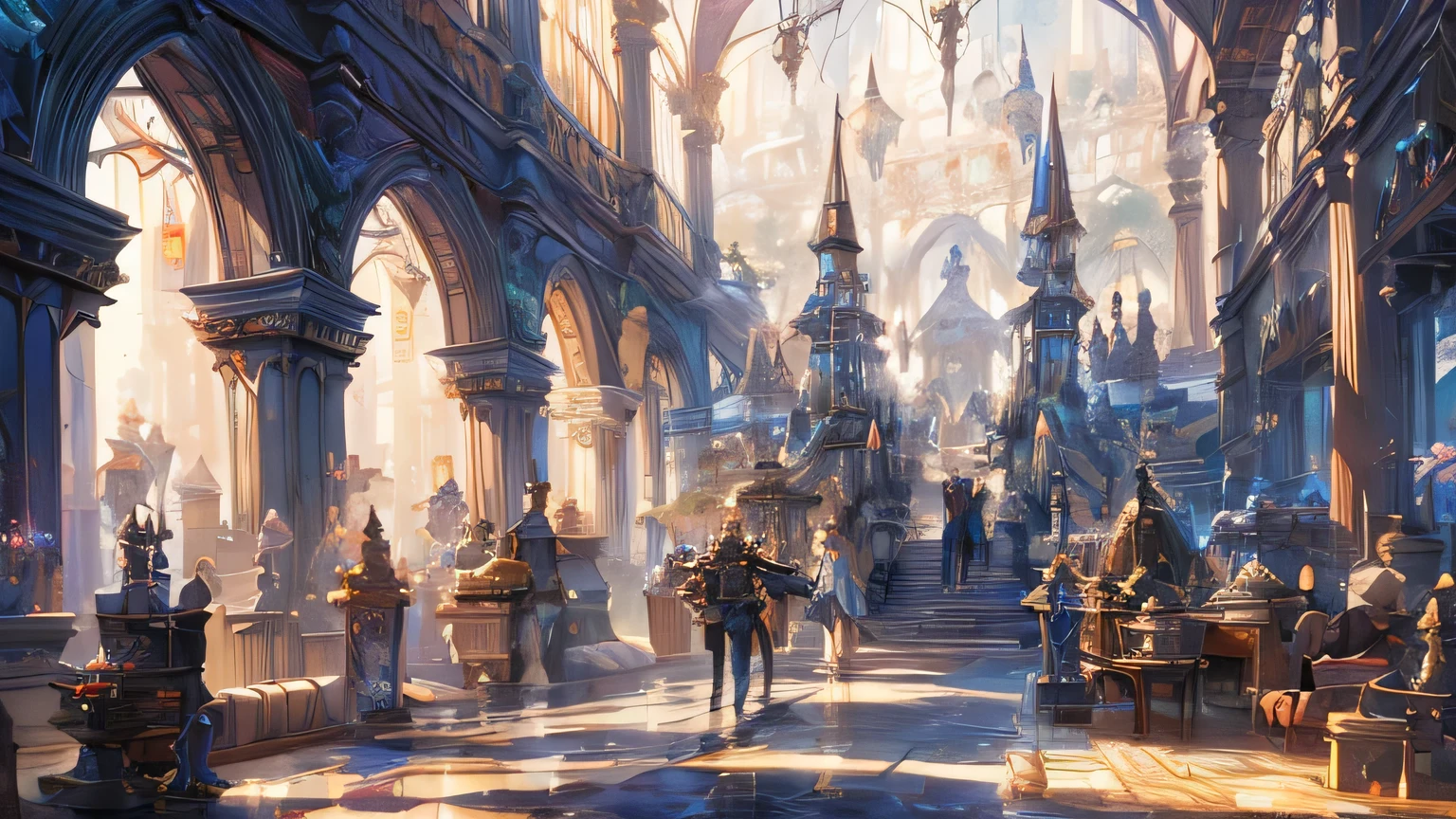 haze, Thomas Kinkade, Aaron Wiesenfeld、Beksinki、Adrian Eversen、Gedimins Plankevicius、Escher, Intricately refined textures, Matte painting details, Deep Color, wonderful, Intricate detail,The interior of an adventurer's guild in a fantasy world,